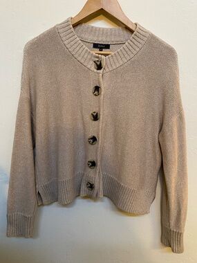 Quince Organic Cotton Cardigan Sweater XS Beige Button Front Cropped Minimalist